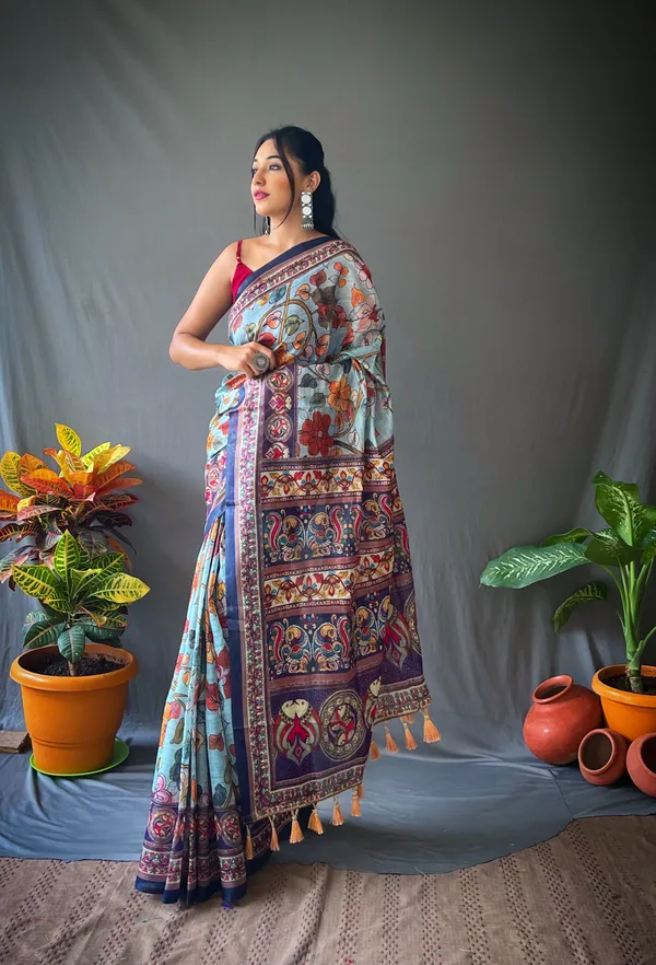 Blue_Soft_Cotton_Kalamkari_Print_Saree_With_Blouse_Piece_Attached